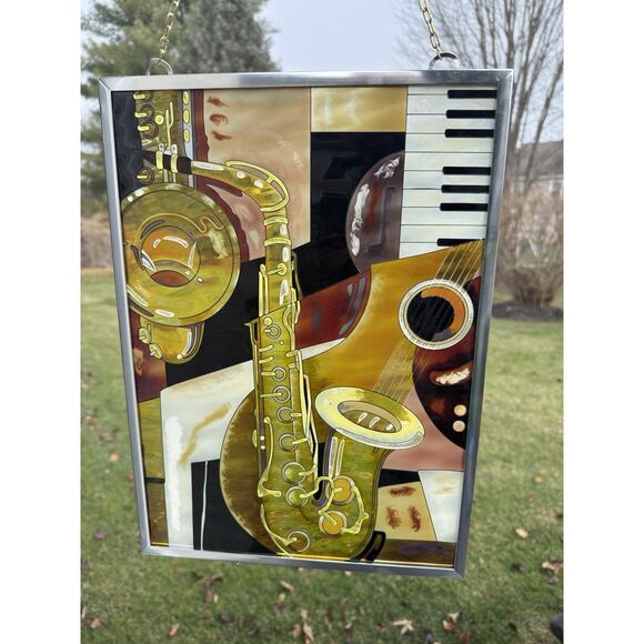 Paul Brent Hand Painted Glass Saxophone Music Sun Catcher Framed 16x11.5” - Picture 2 of 6